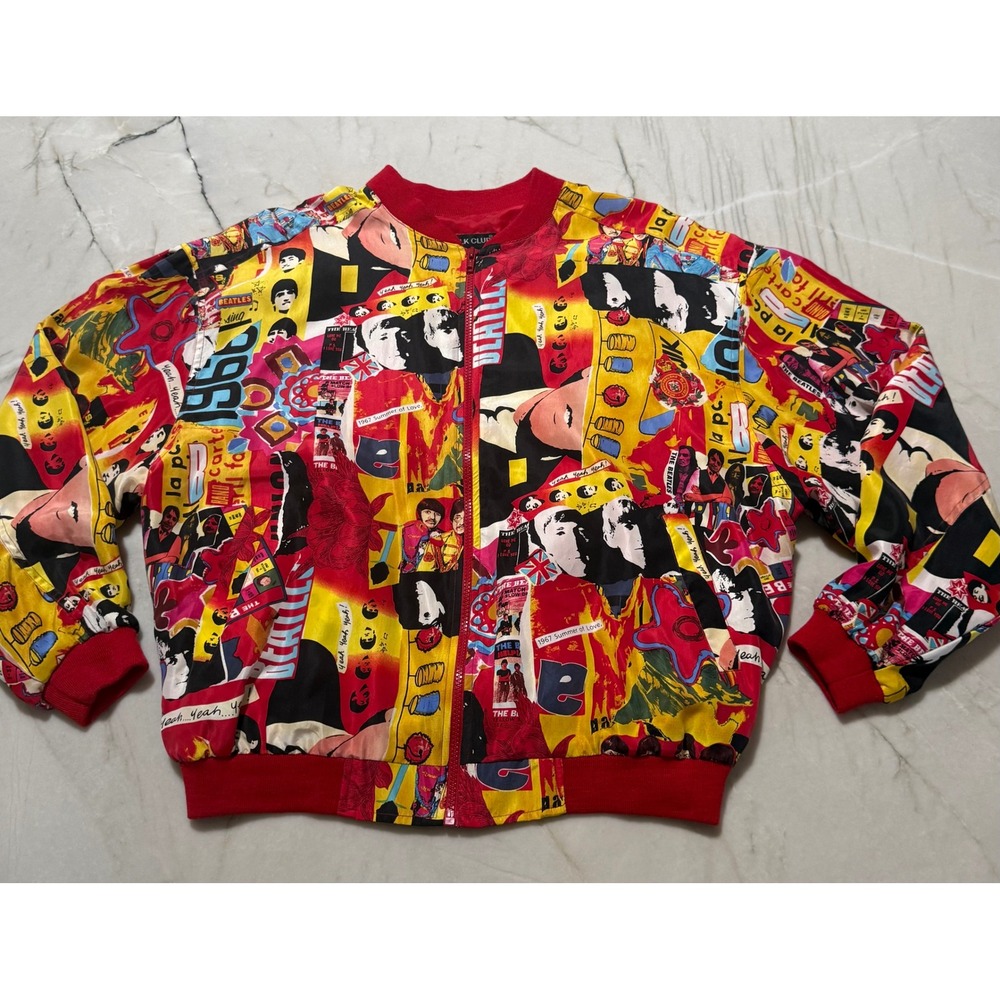 Silk Club Vintage Beatles Collage Print Silk Bomber Jacket Red Yellow Mens M